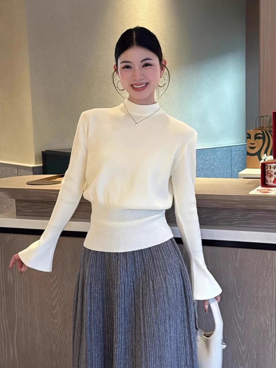 

White High Collar Long Sve Knitted Sweater Women's Autumn Winter Loose Sle Slimming Inner Wear Base Top f High round ...