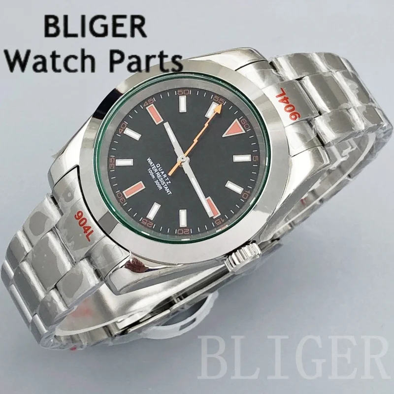 BLIGER 36 มม./39 มม.RONDA 515 นาฬิกาควอตซ์สำหรับผู้ชายกระจกสีเขียวสีส้มสายฟ้ามือสองเหล็กกันน้ำผู้ชายนาฬิกาแฟชั่น