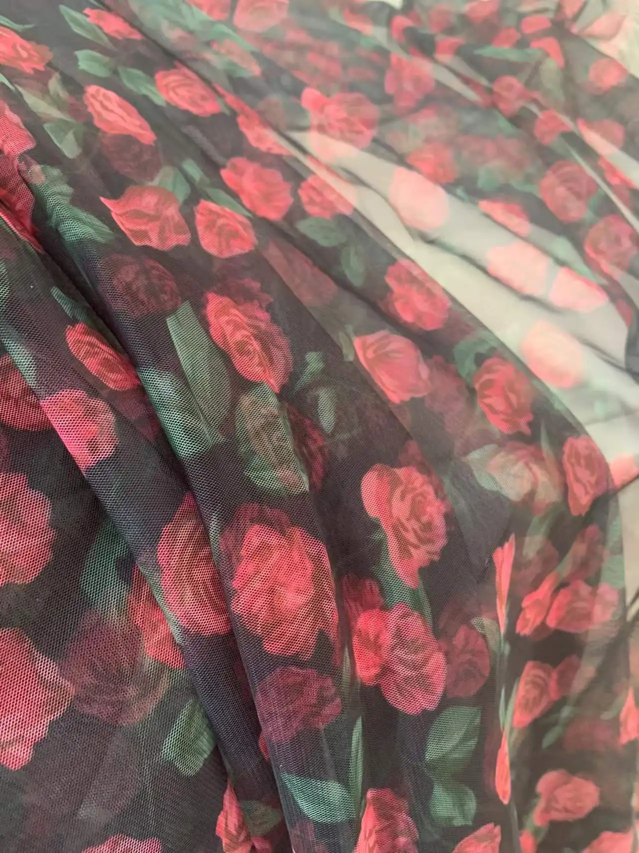 5 Yards Dip Dye Floral Tulle Gauze Fabric Black Lace with Red Rose for Couture,Girl's Skirt,Tablecloth,Curtain Decor