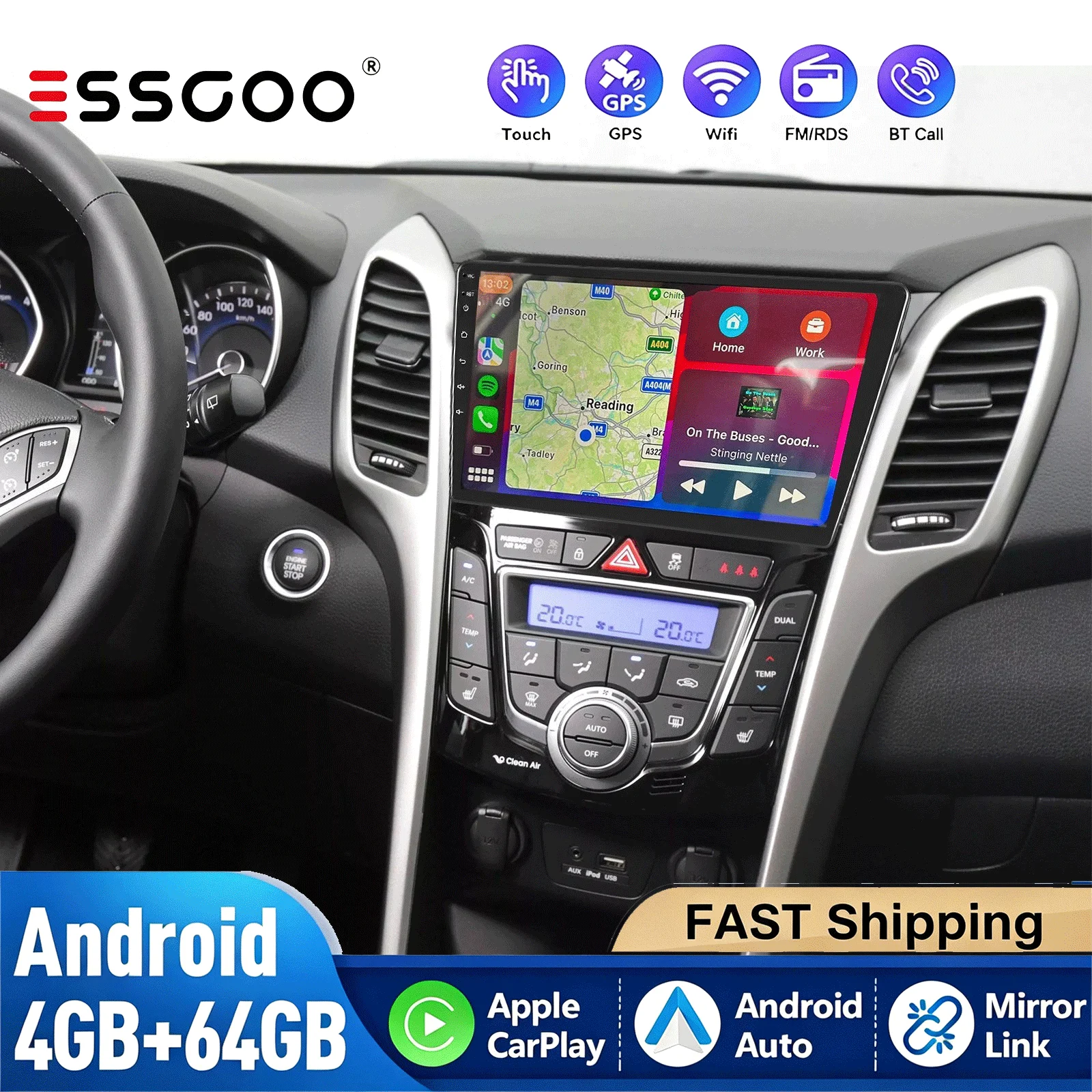 ESSGOO 4+64G Für Hyundai I30 2012-2016 Kabelloses CarPlay Android Auto Autoradio GPS RDS WiFi BT Multime IPS-Bildschirm DAB+ Kamera