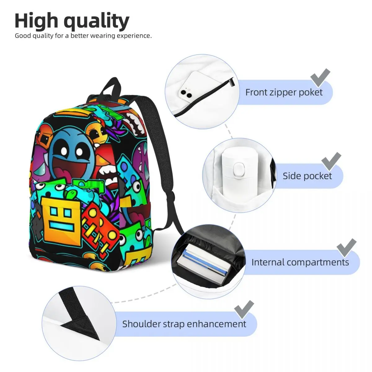 Game Geometric Dash Old School Gaming Backpack Preschool Primary School Student Geometry Dash Bookbag Kids Daypack with Pocket