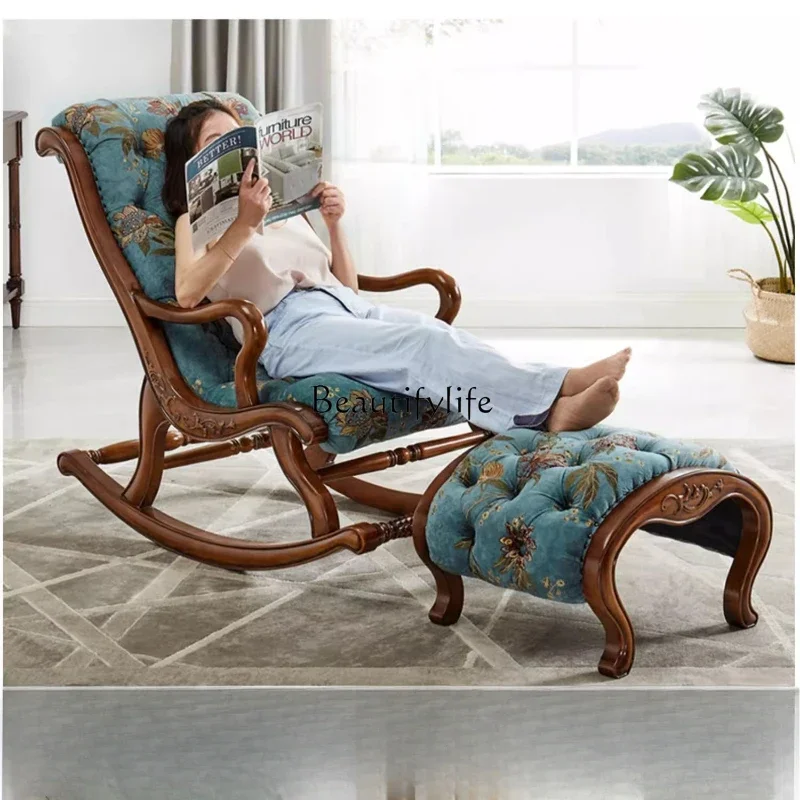 

Yj19 American Style Solid Wood Rocking Chair Leather Fabric Sofa Footrest Leisure