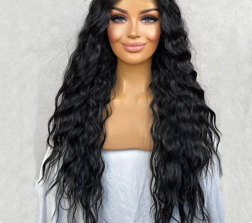 Black Wave Synthetic Front Lace Wig Long Natural Loose Curly Hair Lace Black Wig Ready To Wear Deep Wave Cosplay Part Makeup