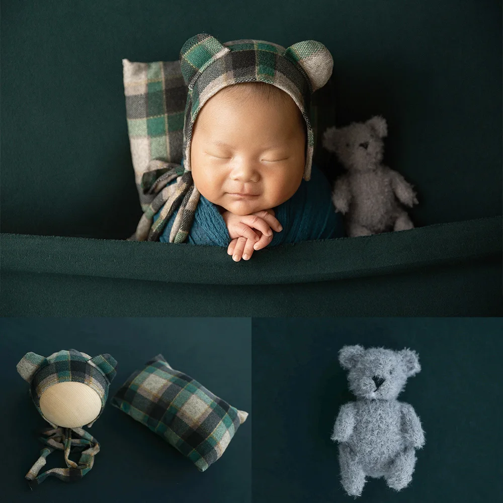 Newborn Photography Props Accessories Plaid Pillow Cotton Yarn Stretchable Wrap Hat Bear Doll Studio Dark Green Photoshoot Theme