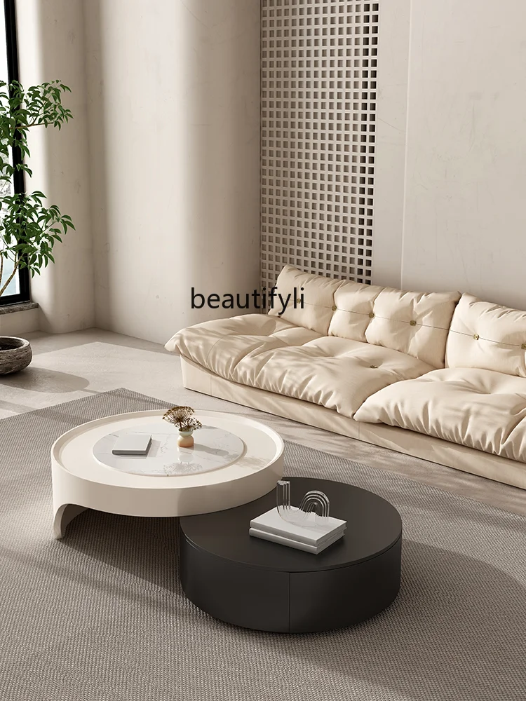 

Living Room Stone Plate Coffee Table round Silent Wind Combination Retractable Designer Floor Home