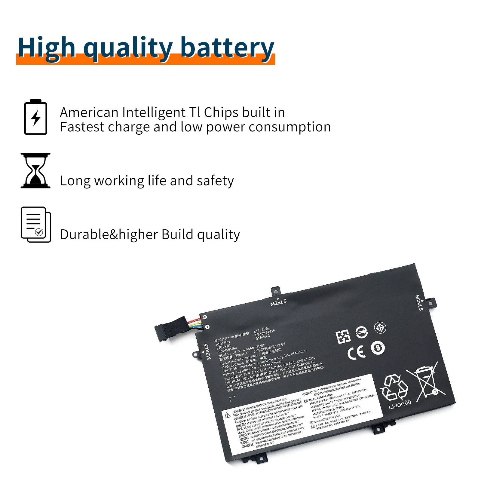 L17L3P52 pour Lenovo ThinkPad L480 L490 L580 L590 L14 L15 série batterie d'ordinateur portable 01AV464 L17M3P54 01AV465 L17C3P52 45Wh