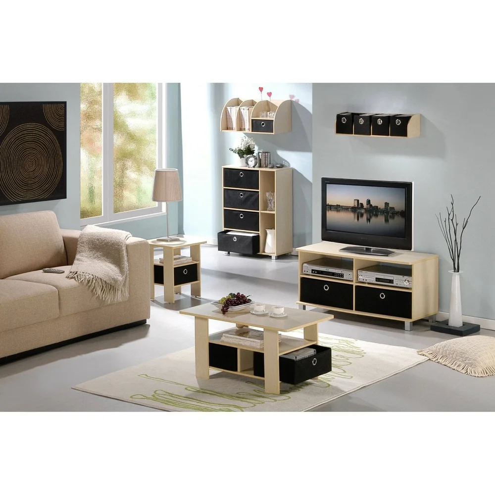 Coffee Table with Storage Bins and Lower Shelf Organizing Media Indoor Use Sturdy MDF Wood Rectangle Design Easy Care