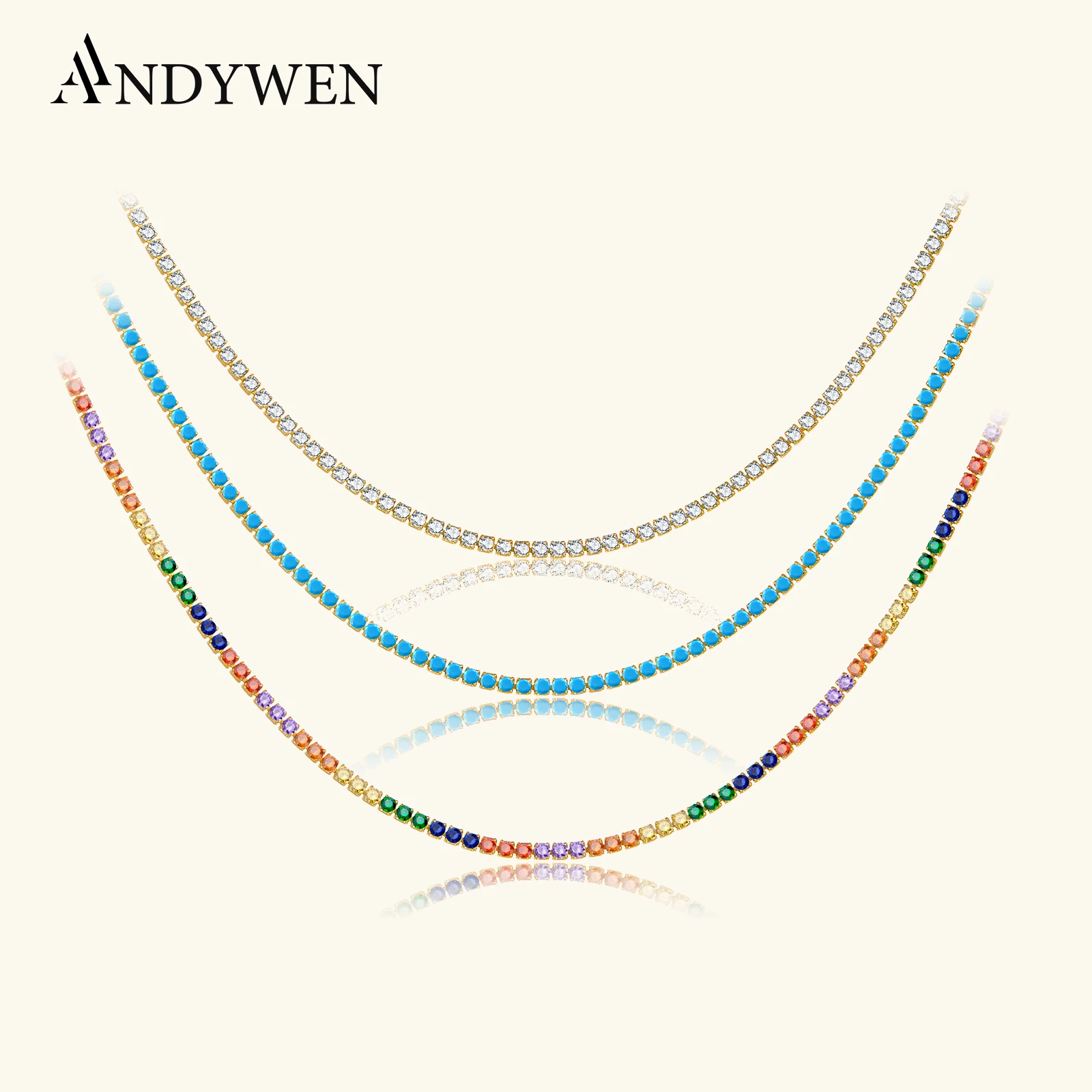 

Женская Цепь для тенниса ANDYWEN, из стерлингового серебра 925 пробы с золотым радужным фианитом 2 мм, ожерелье-чокер, яркий подарок на день рождения