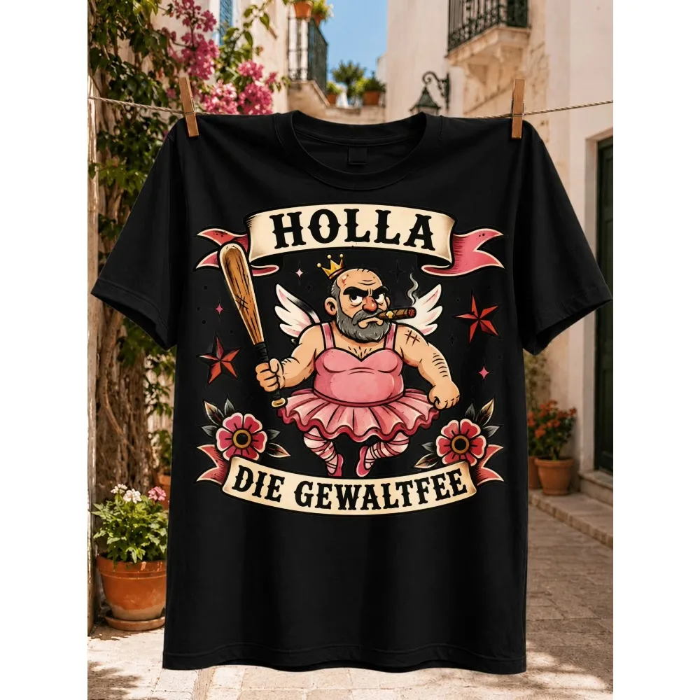 German Holla Die Gewaltfee Bearded Fairy Pink Tutu Bat Graphic T‑shirt Unisex Washed Cotton Short Sleeve Tops