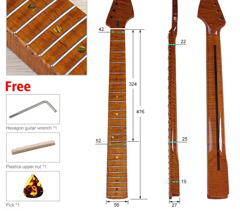 Tiger-grain baked Maple 6-string 22-round silk Light 5.6 wide guitar neck assembly DIY electric guitar accessories