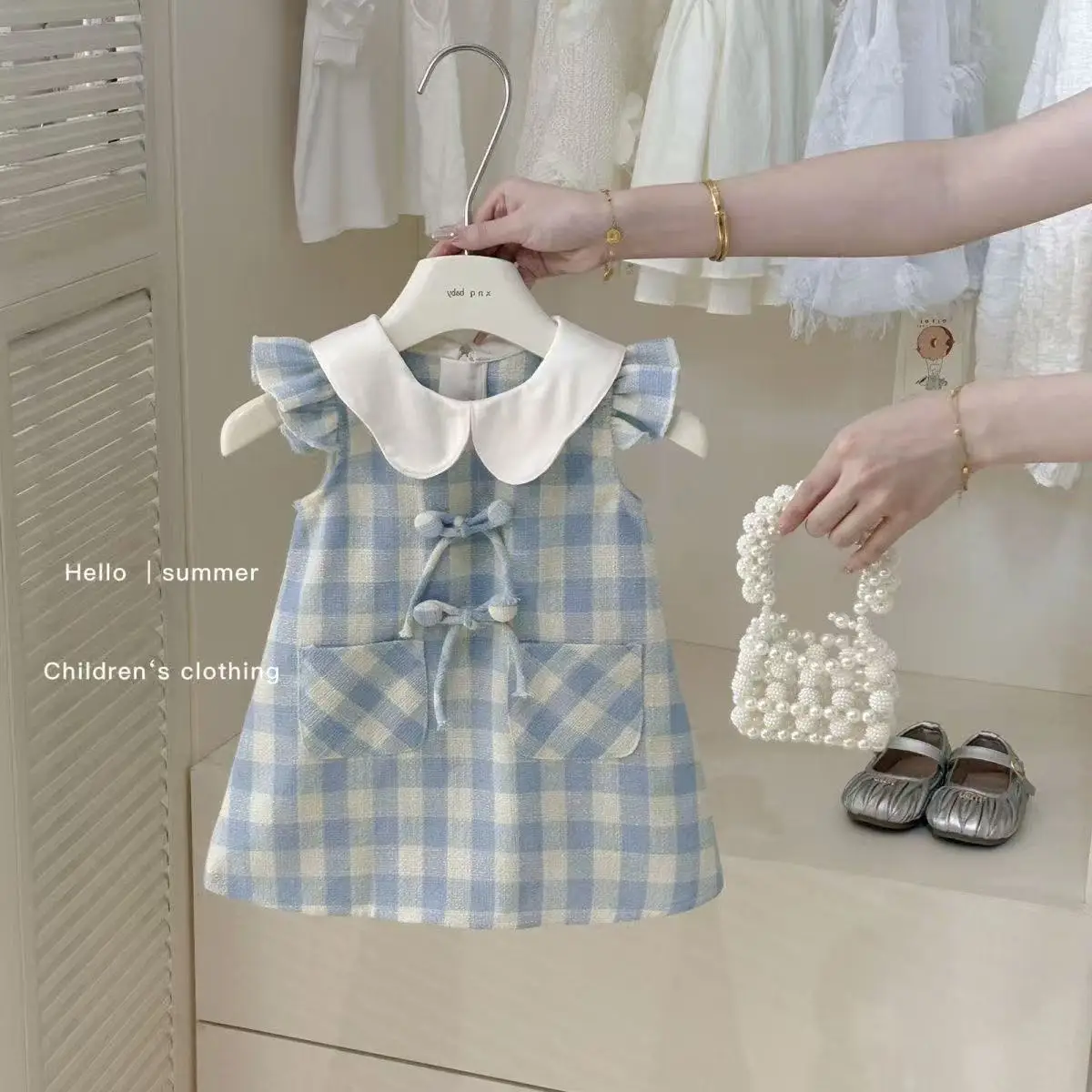 

Kids Girls' French Dress Summer 2026 New Elegance Children's Blue Checkered Tank Top Skirt Doll Neck Sweet Princess Dress