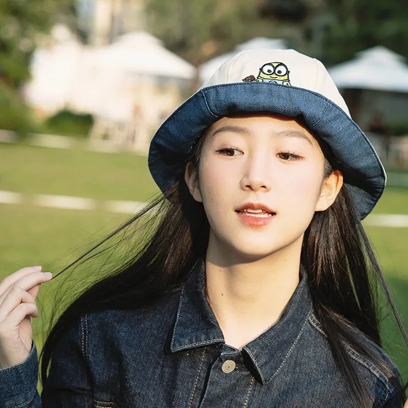 

Universal Studios Minions Bobtim Genki Girl Reversible Bucket Hat Youthful Cute Cartoon Denim Patchwork Sun Hat Unisex Anime