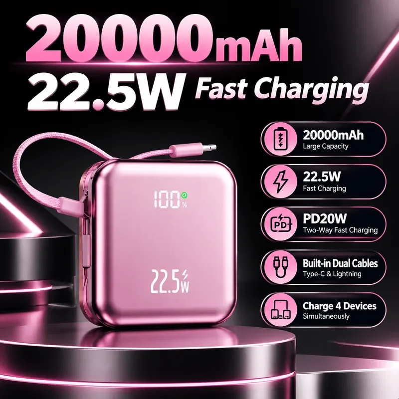 for CCC 2027 New 20000mAh Mini Cute Power Bank 22.5W Fast Charging Built-in Cable Portable Battery Pack for iPhone Xiaomi