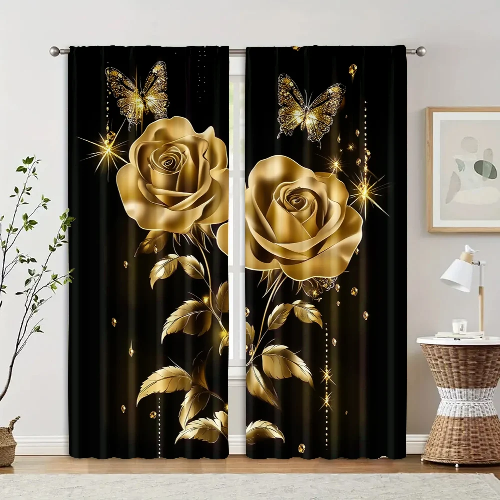 2pcs, Curtains&Window Treatment Valentine's Day Curtains Blackout Roller Blinds Rose Golden Flora Machine Washable (without rod)