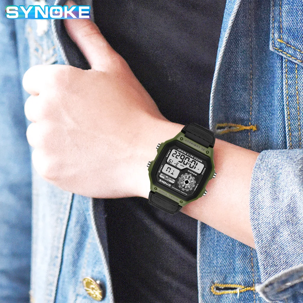 Synoke Outdoor Military Digital Watch For Men Fashion Retro Nylon Canvas Strap Sports Waterproof Watch Multifunctional Luminous