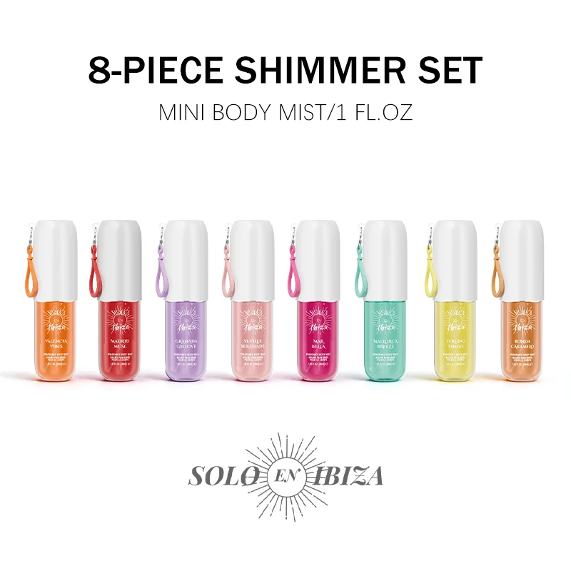 SOLO EN IBIZA Set Body Mist 8-Piece, 8 Aroma, Parfum Perjalanan Tahan Lama, Cocok untuk penggunaan sehari-hari, Hadiah Valentine yang Sempurna