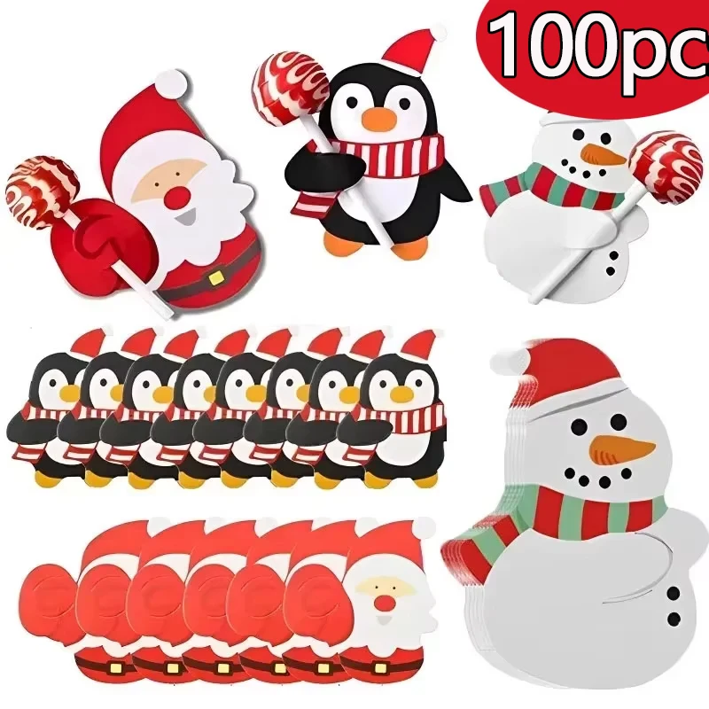 100/50PCS Christmas Lollipop Paper Cards DIY Cartoon Kids Santa Penguin Candy Gifts Package Wrapping New Year Party Decoration I