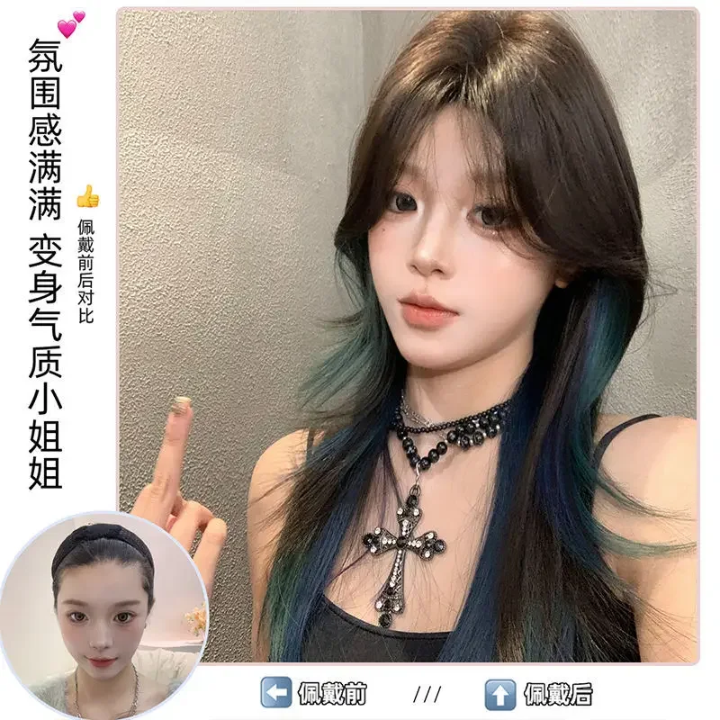 Peluca femenina de alto nivel, pelo medio y largo, algas marinas, cambio gradual verde, reflejos, cubierta completa para la cabeza, flequillo de ocho caracteres dulce