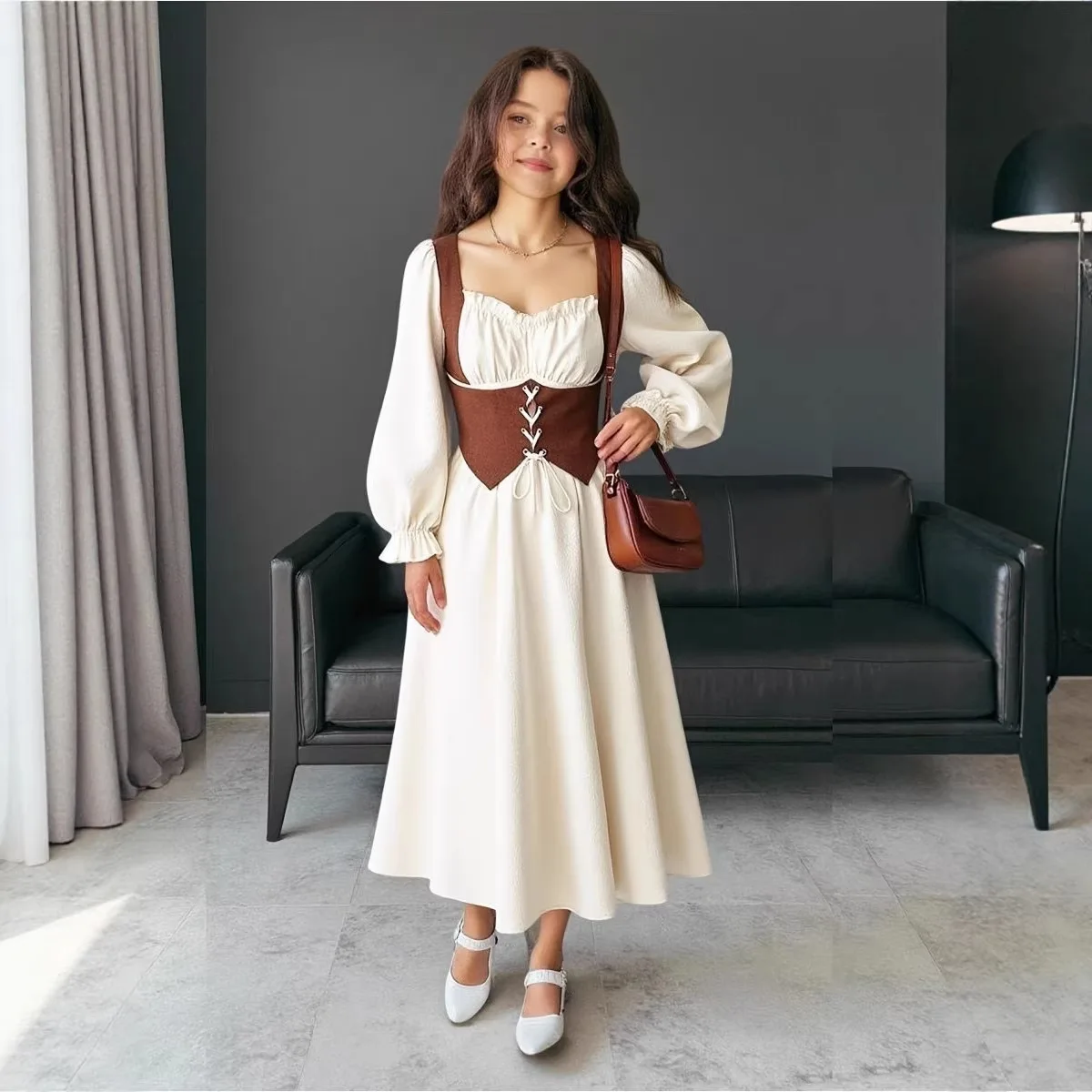 Girls Casual Spliced Fake Two-piece Dress 2026 Spring Summer New Children Elastic Waist Long Sleeved Princess Dress