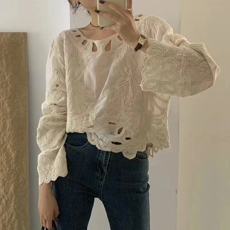 Cut Out Embroidery Guipure Crop Top Long Sleeve O-neck Semi Sheer Blouse for Women Fall Summer Vintage Chic Outfit