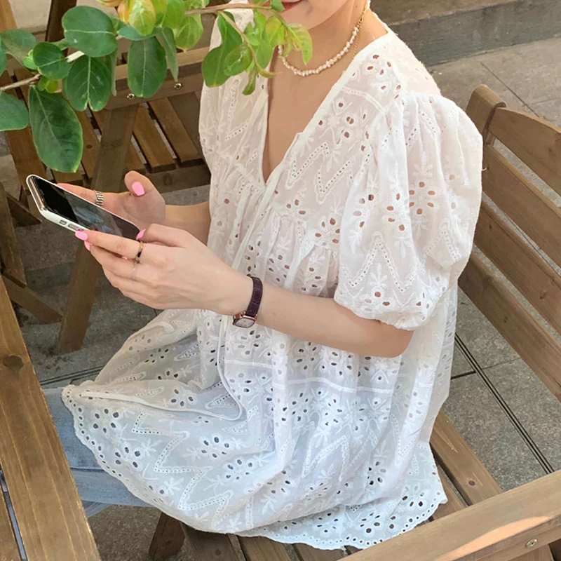 Summer Short Puff Sleeve Lace Blouse French Style Women Loose Casual Ruffle V-neck Lace-up Belt White Shirt Hollow Flower Tops