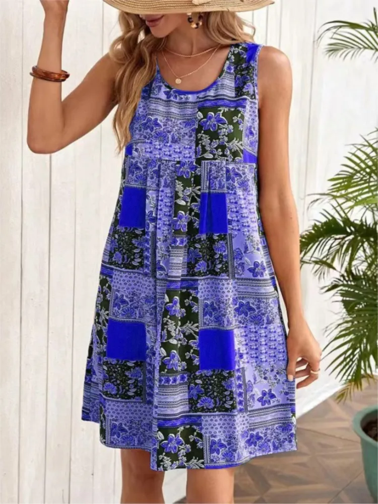 

Women's Summer Round Neck Printed Retro Loose Sleeveless Knee-length Dress Seaside Vacation Casual Fashion A-Line Skirt