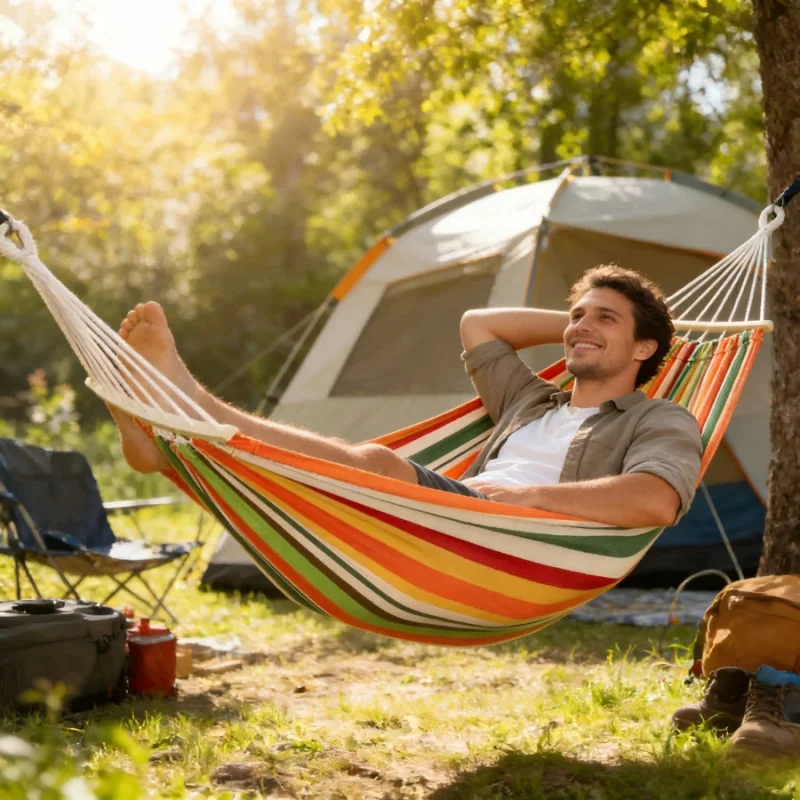 Stylish Beige Double Hammock, Reinforced With Metal Wear-Resistant Buckle, Stable Wooden Spreader Bar Design