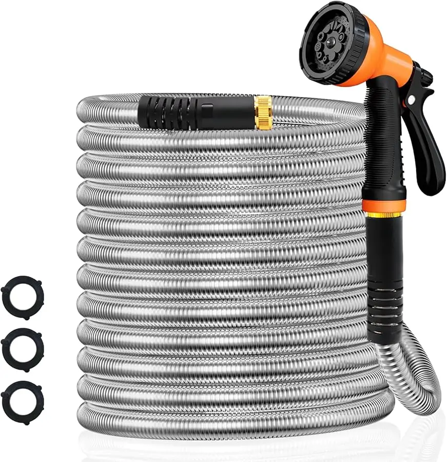 

Garden Hose 50FT Stainless Steel Water Hose with 10 Functions Adjustable Spray Nozzle, Heavy-Duty Metal Garden Hose Flexible Dur