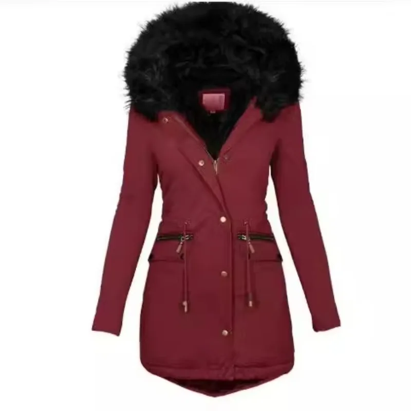 Kerah Bulu Warna Solid Berkerudung Pakaian Wanita Tipis Ramping Baru Jaket Ritsleting Mantel Parka Musim Gugur Musim Dingin