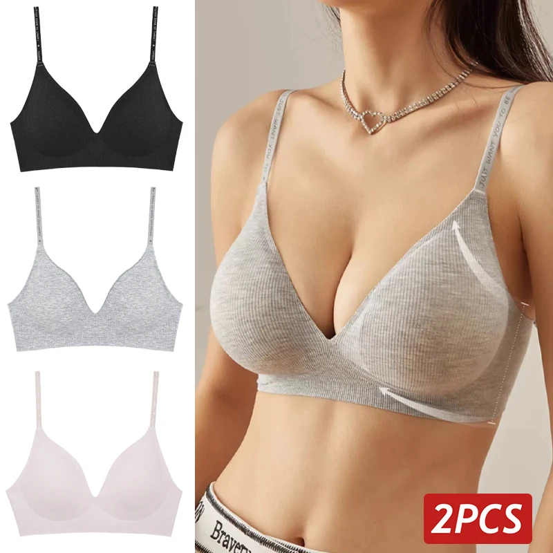 2PCS/Set Women Seamless Bras Sexy Deep V Neck Bralette Push Up Sexy Lingerie Letter Strap Sports Underwear Wireless Brassiere