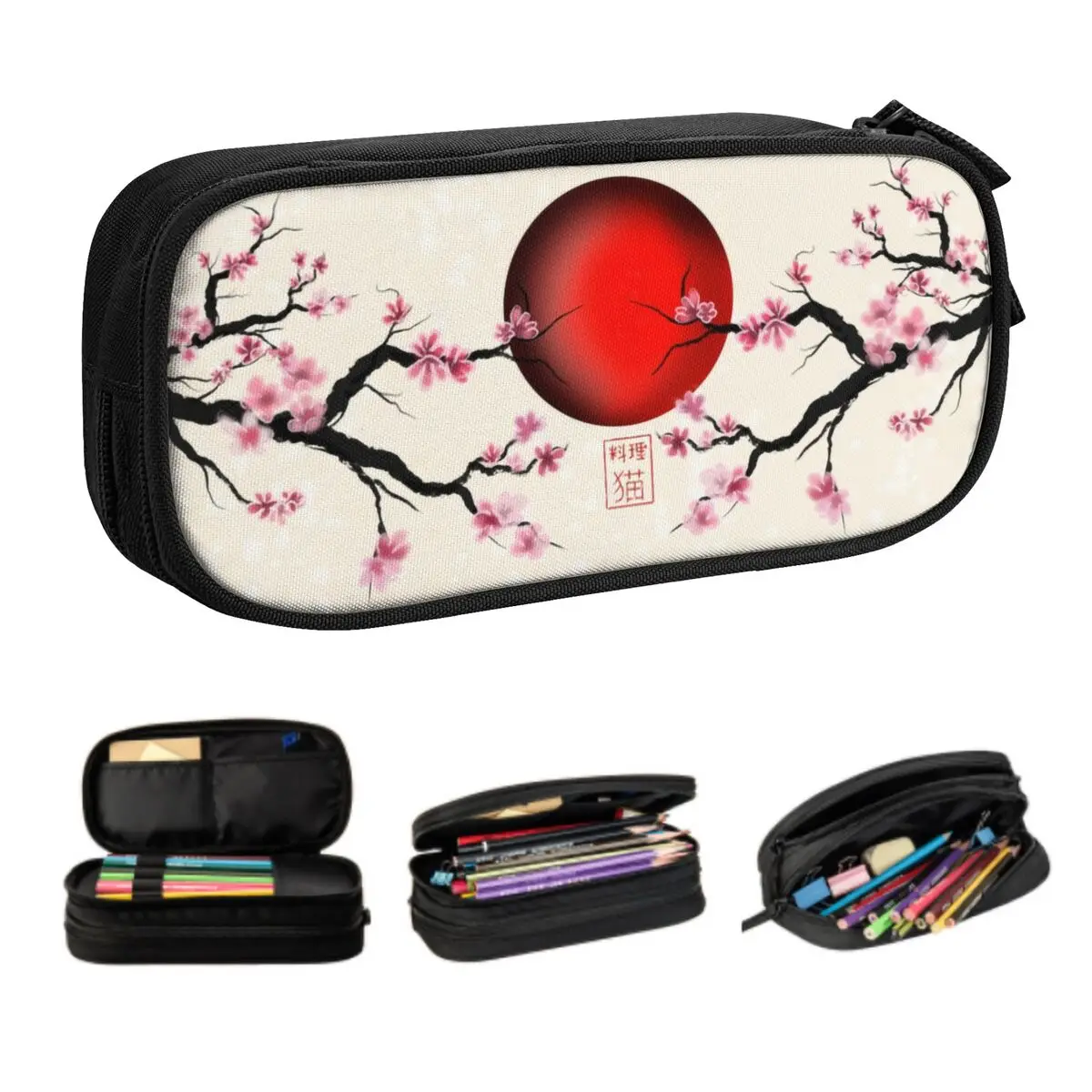 Custom Japan Sakura Cherry Blossoms With A Red Rising Sun Pencil Cases Large Capacity Flower Pencil Pouch School Accessories