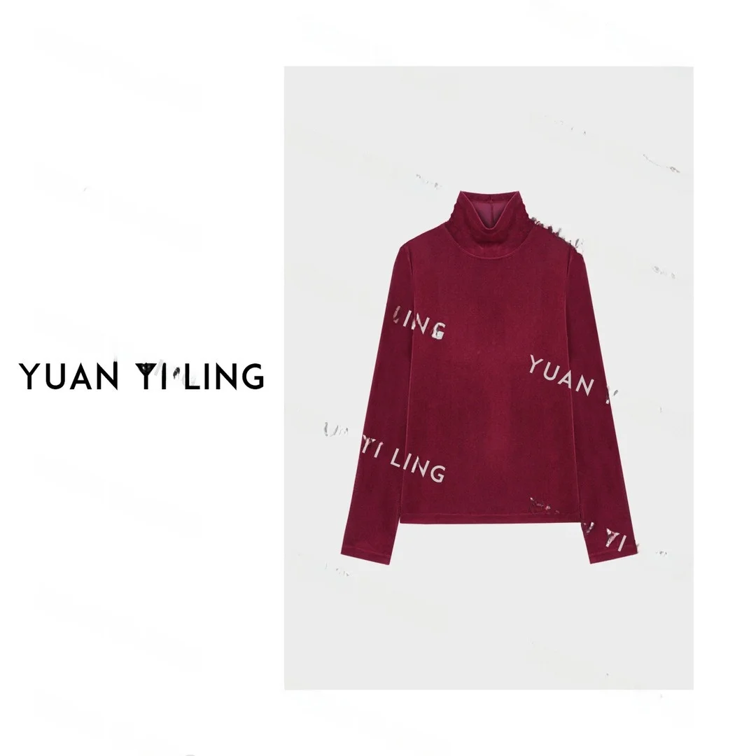 

Red High Collar Slim Fit Velvet Base irt Vintage Sle Long Sve Women's T-irt Autumn Winter Collection Base Layer Top