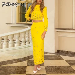 TWOTWINSTYLE Solid Spliced Diamonds Two Piece Sets for Women Stand Neck Long Sleeve Top High Waist Skirt Temperament Set Female