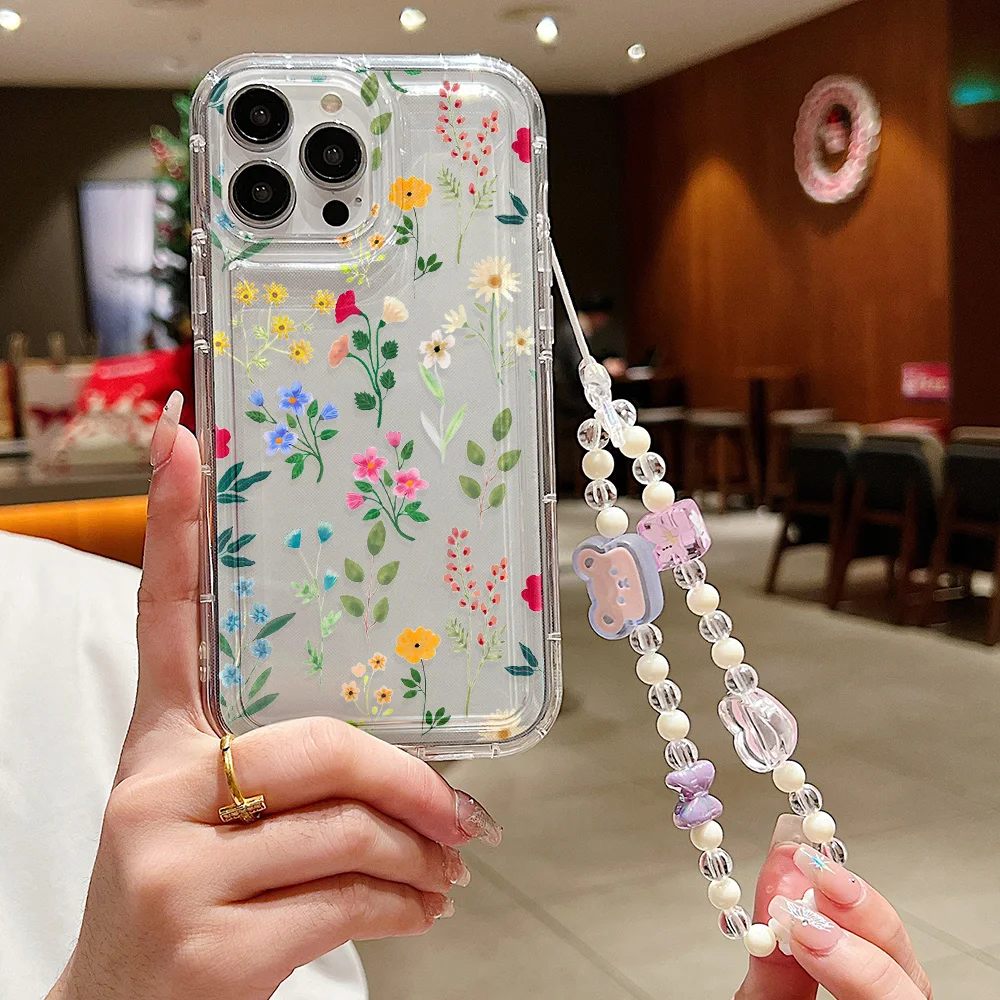 3D Flower Pearl Chain Phone Case For iPhone 11 12 13 14 15 Pro Max XR X XS SE 2022 2020 7 8 15 Plus Case With Lanyard Soft Cover image 4