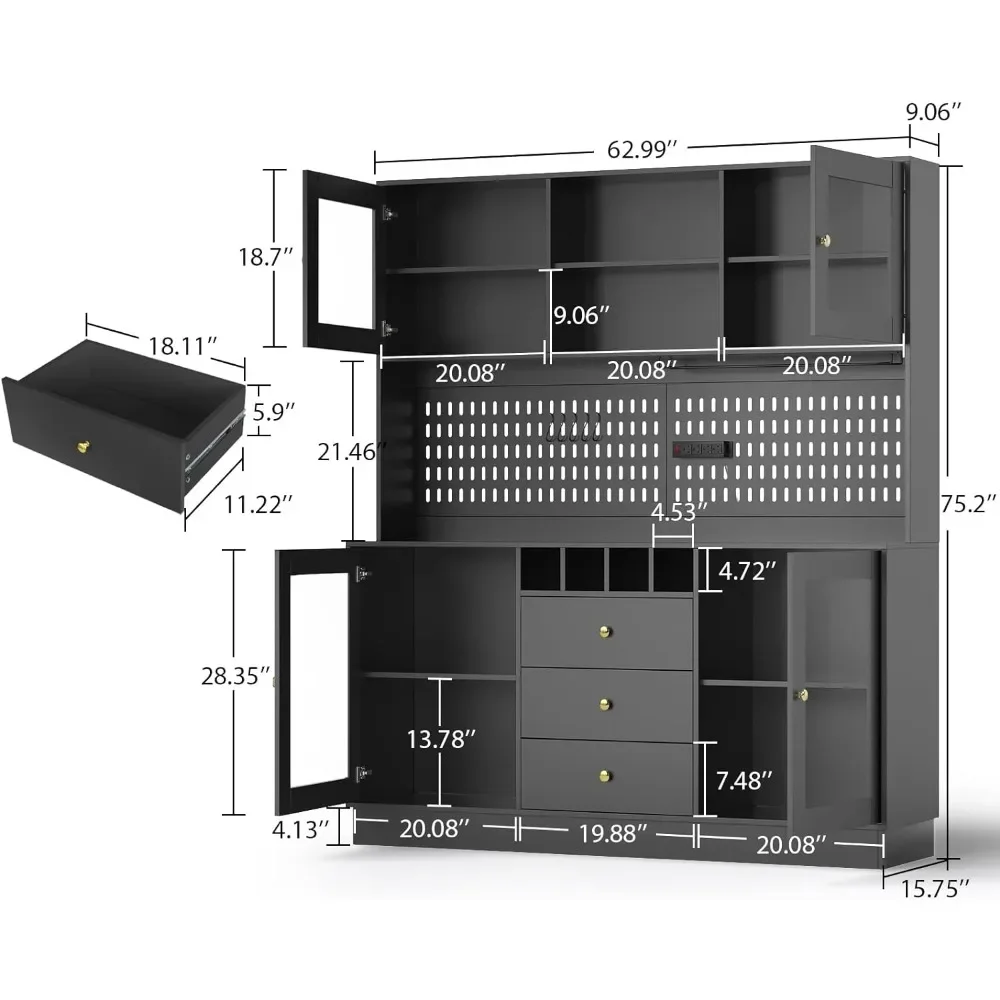 Armoire cuisine haute avec support pour micro-ondes, garde-manger avec portes et étagères, pour salle à manger