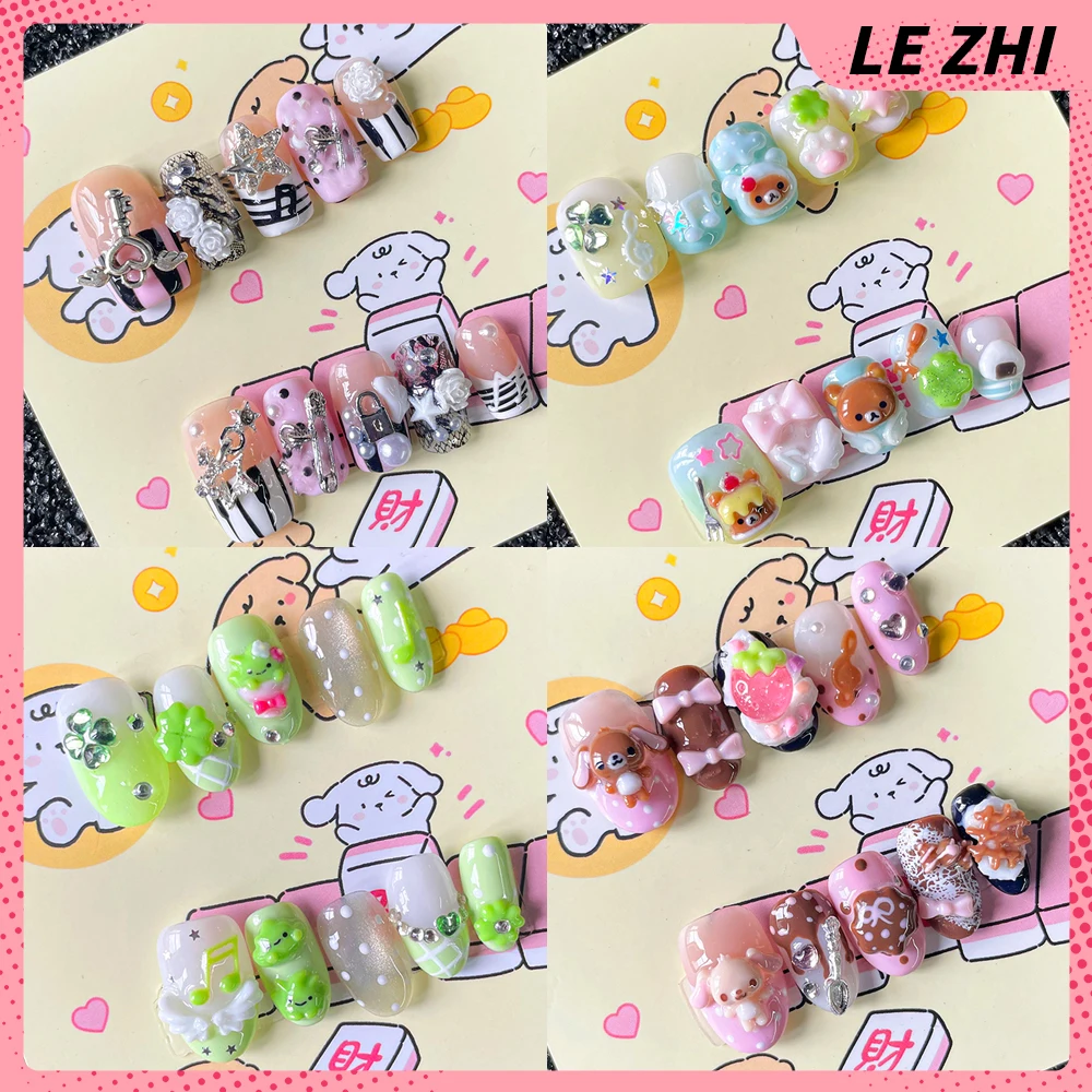 

Kawaii 3D Retro Angel Wings Note Rabbit Bear Press On Gel Nail Art French Polka Dot Lace Design Almond Short Fake Nails Sticker
