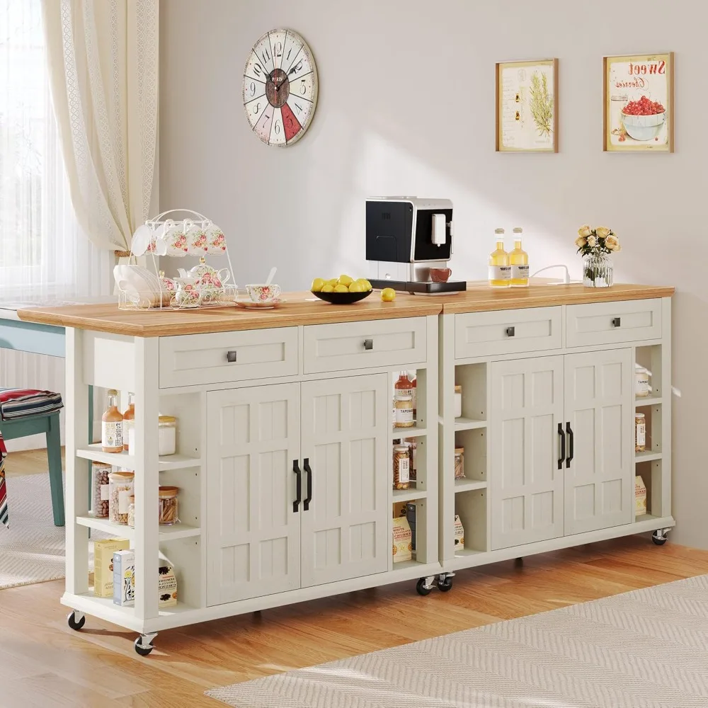 Kitchen Island with Drop Leaf & Power Outlet, Rolling Kitchen Cart on Wheels, Americana Kitchen Island Cabinet with Open Shelves