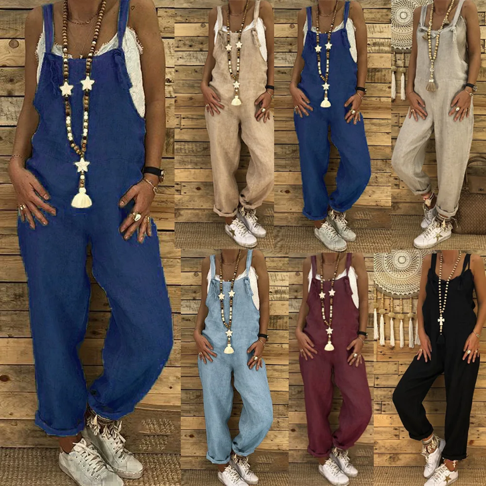 

Womens Retro Baggy Jumpsuits Romper 5XL Overalls AllMatch High Waist Bell Bottoms Spring Season Regular Thickness Linen Fabric