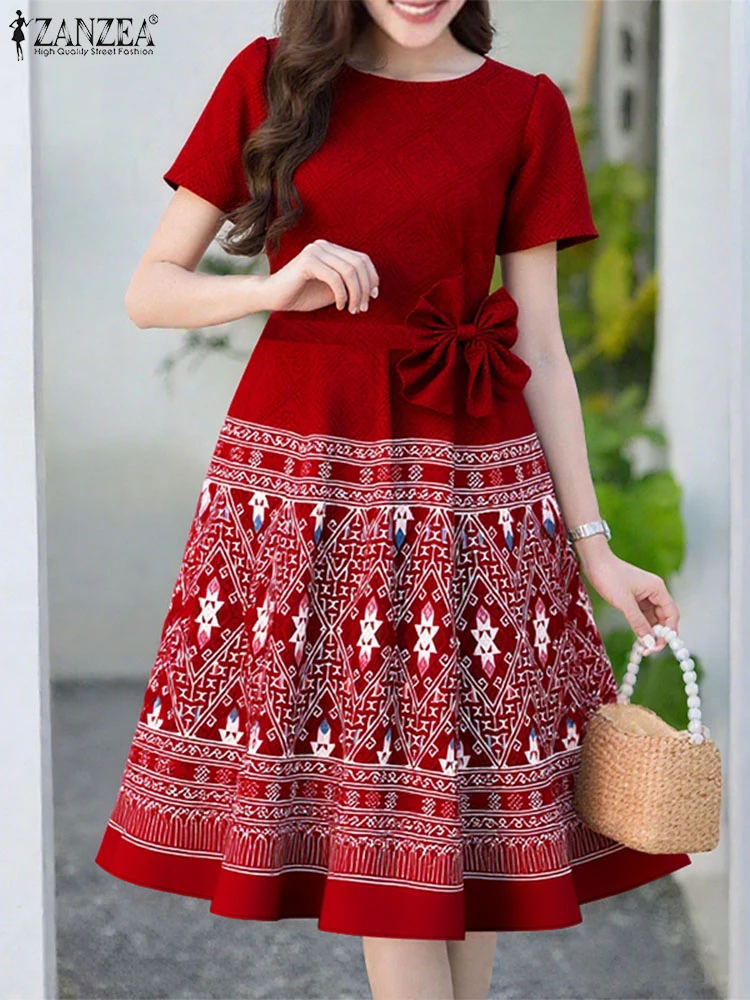 

Summer Vestidos ZANZEA Vintage Print Long Dress Women 2025 Fashion Bow Midi Sundress Waisted Short Sleeve Elegant Party Robe