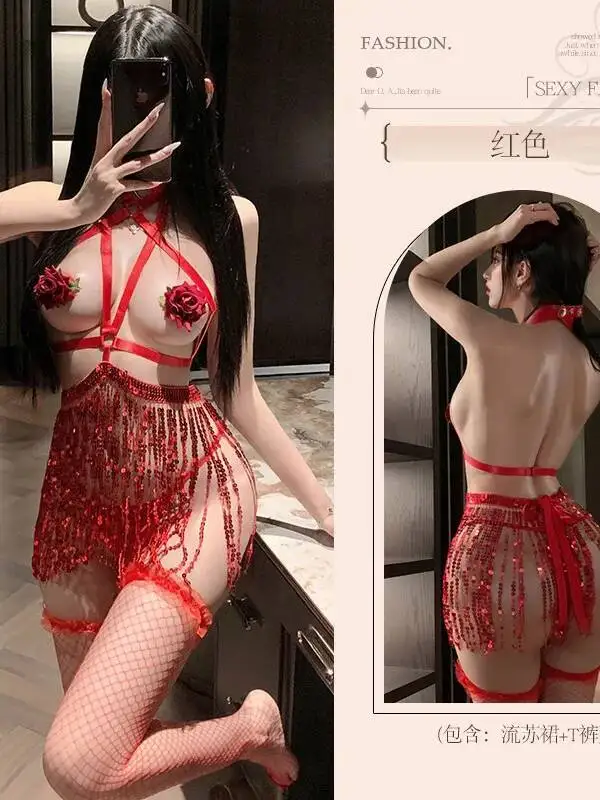 Exotic SM Clothing Tassels Sequin Bowknot Hollow Pure Desire Bondage Leather Restraint Leather Leg Ring  Dress Elegant IGF6