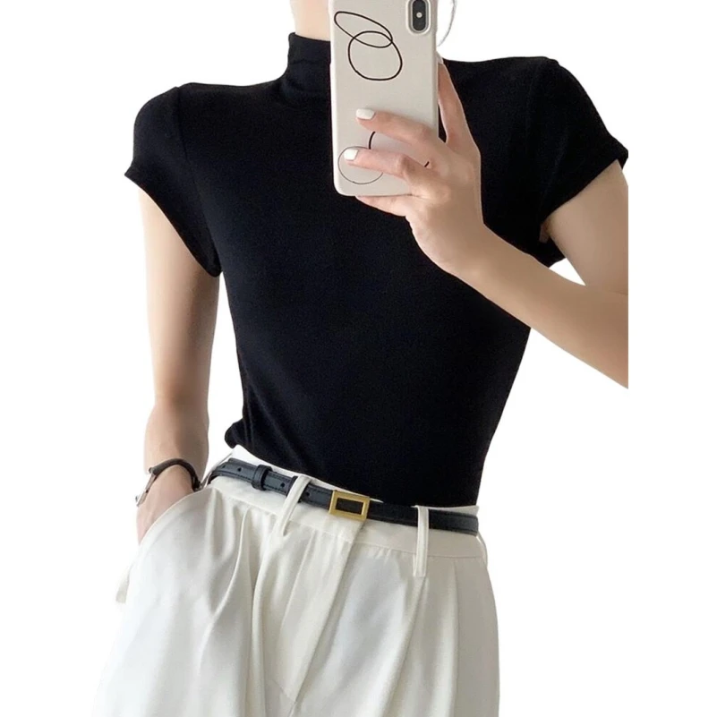 

Summer Knitted Cotton New Inverted Turtleneck Crop Tops Cozy Sheathy Short Sleeve Basic Comfortable Bottoming Shirts Blouses