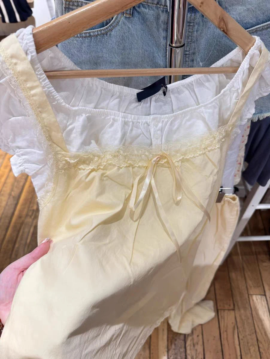 タンクトップ レディース 夏 レース トリム イエロー レースアップカラー ノースリーブ コットン キャミソール 女性 甘い 可愛い プレッピースタイル ベスト Y2K トップス