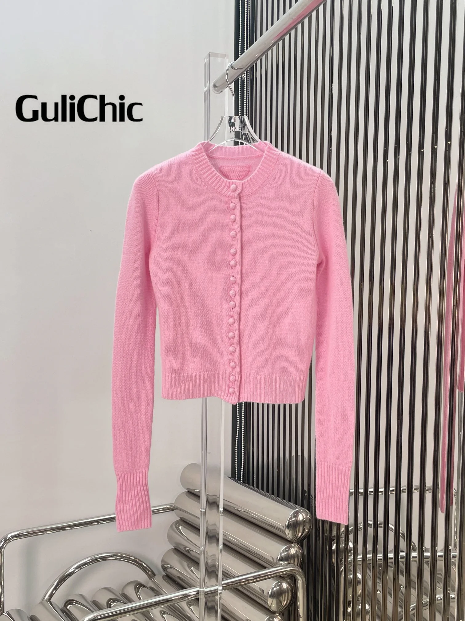 10.23 GuliChic 2024 New Candy Girl Colored Round Button Knit Cardigan Women Soft Comfortable Slim Long Sleeve Cashmere Knitwear