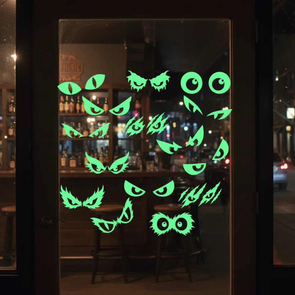 2 Sheet Fluorescent Halloween Luminous Wall Sticker PVC Ghost Pumpkin Eye Pattern Static-cling Stickers Green Light Wall Decals