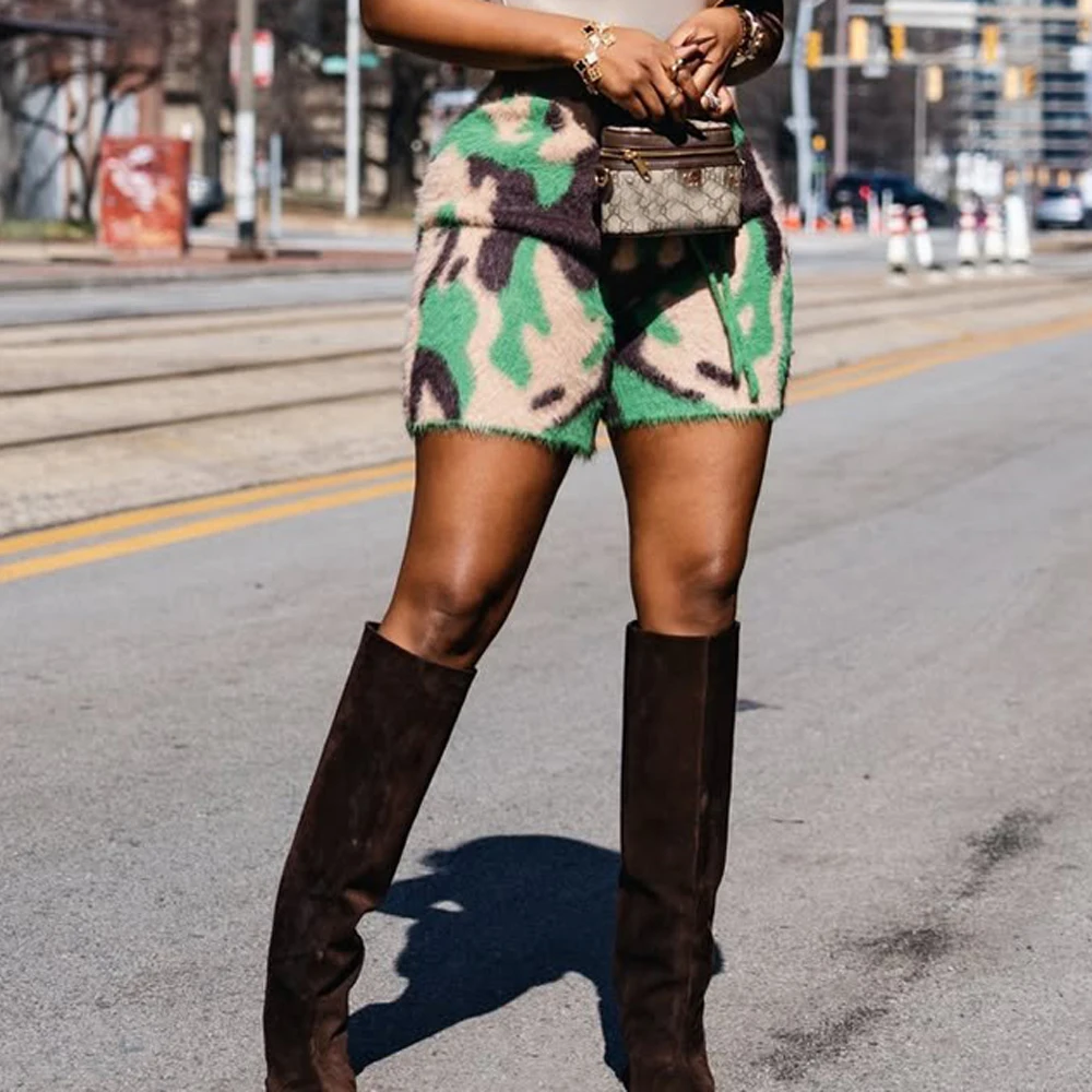 Fashion Fuzzy Fur Camo Shorts Woman Clothes High Waist Drawstring Mid-Length Short Pants Spring New Female Streetwear Bottoms