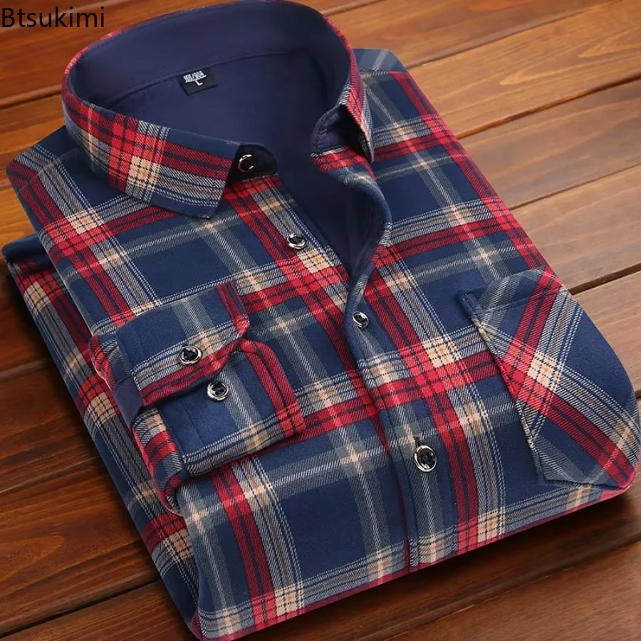 New Men's Print Long-Sleeved Shirts Thickened Warm Autumn/Winter Fashion Casual Non-Ironing Dress Shirts Comfortable Fleece Tops