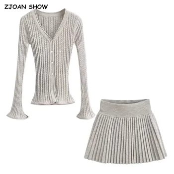 4 renkler tiki tarzı 2 parça 1 takım V boyun büküm örgü hırka Retro kadınlar elastik bel pileli Mini etek eşleştirme Suits