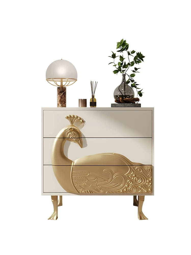 American New Classical Living Room Solid Wood Carving Peacock Curio Cabinet Affordable Luxury Style Hallway Chest of Drawer