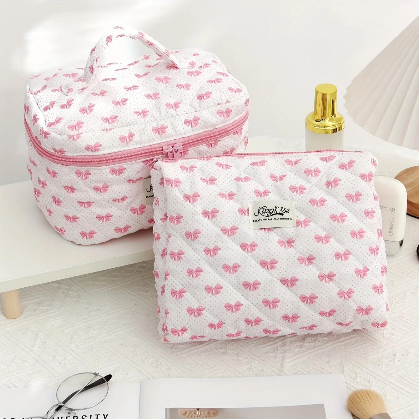 Borsa per il trucco trapuntata da viaggio grande 3 pezzi per le donne, borsa per cosmetici in cotone floreale, borsa per l\'organizzatore di articoli