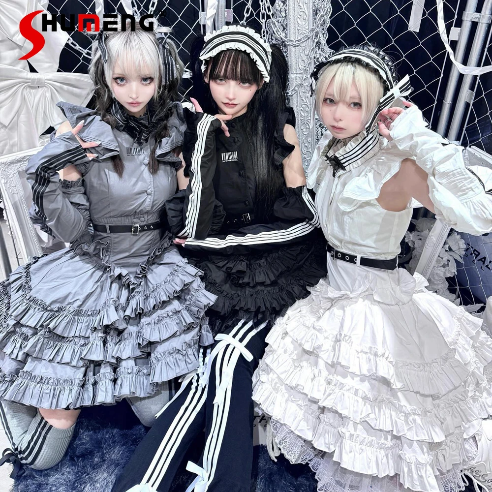 Japanese Style Mine Flying Sleeves Slim Fit with Belt Top and Puffy Skirt Two-piece Set for Women Gothic Short Lolita Dresses